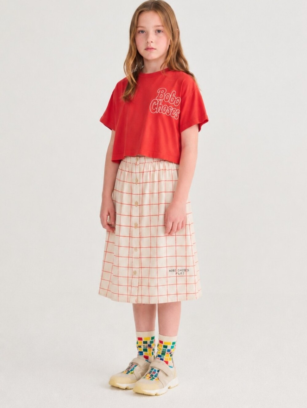 BOBO CHOSES PLAY MIDI SKIRT RED GRID CHECK PATTERN